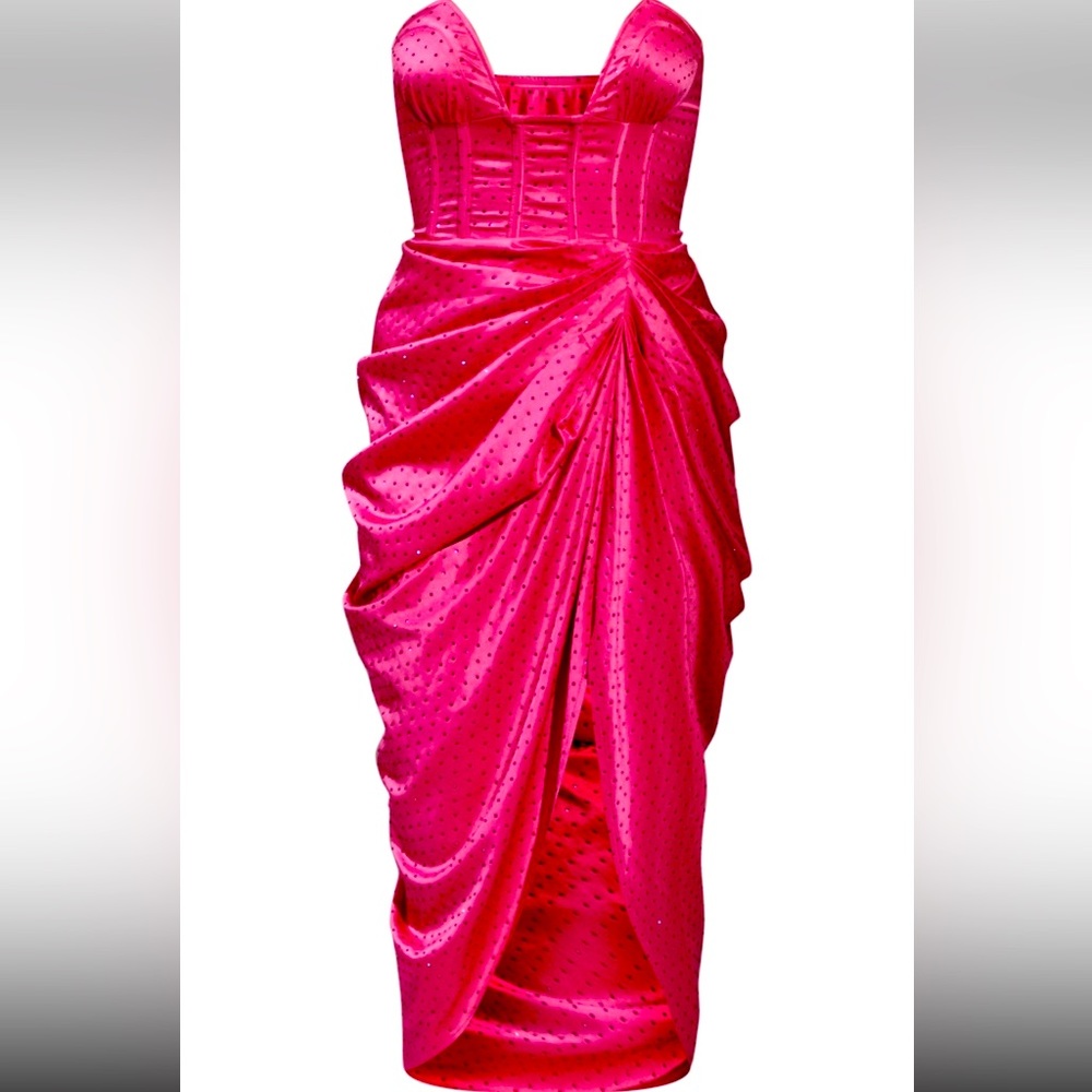 Hot pink hot fix diamante wired bandeau draped midi dress